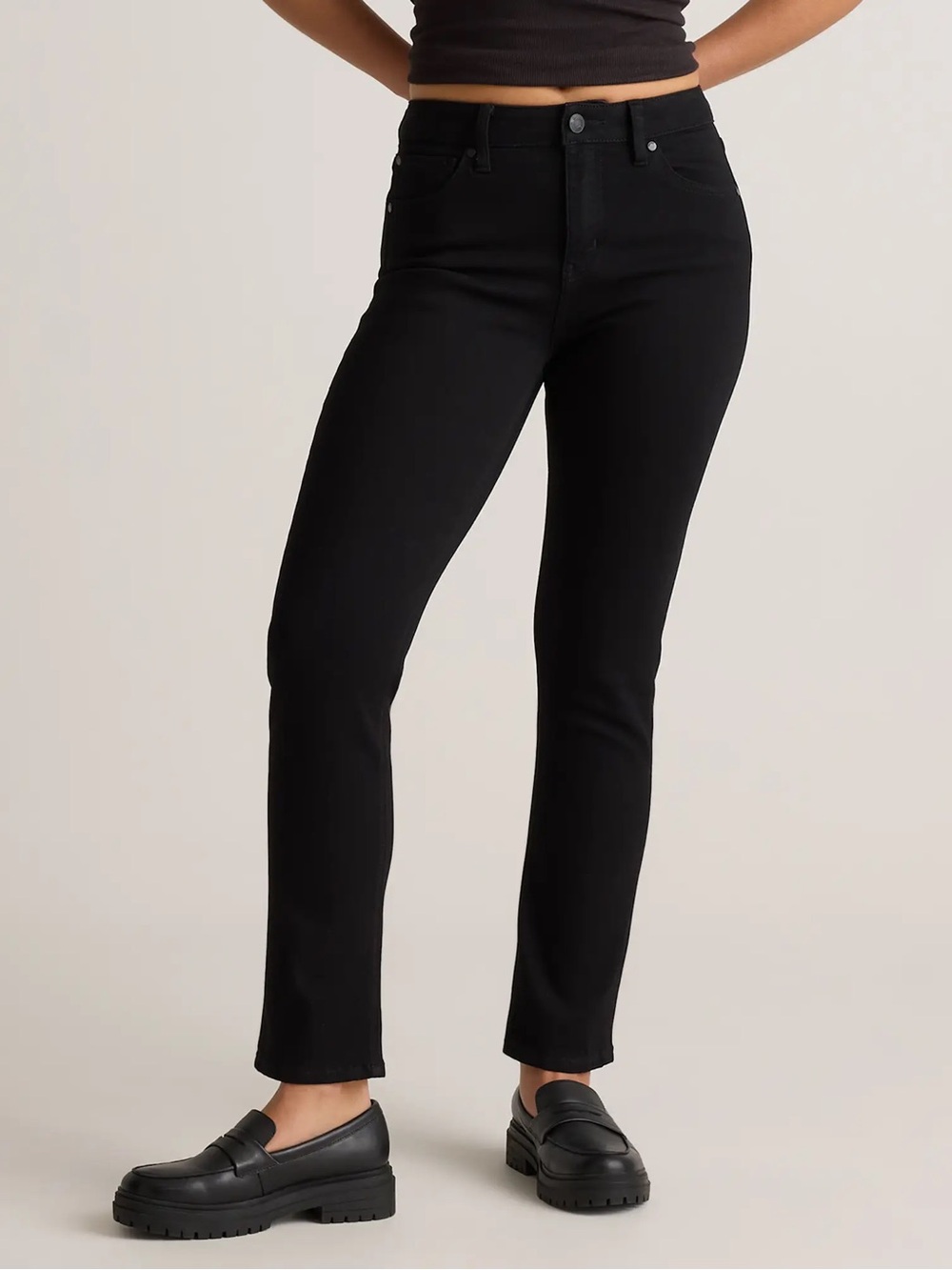 New Quince Luna Stretch Slim Straight Jeans Womens 27 x 26 Short Black Mid Rise